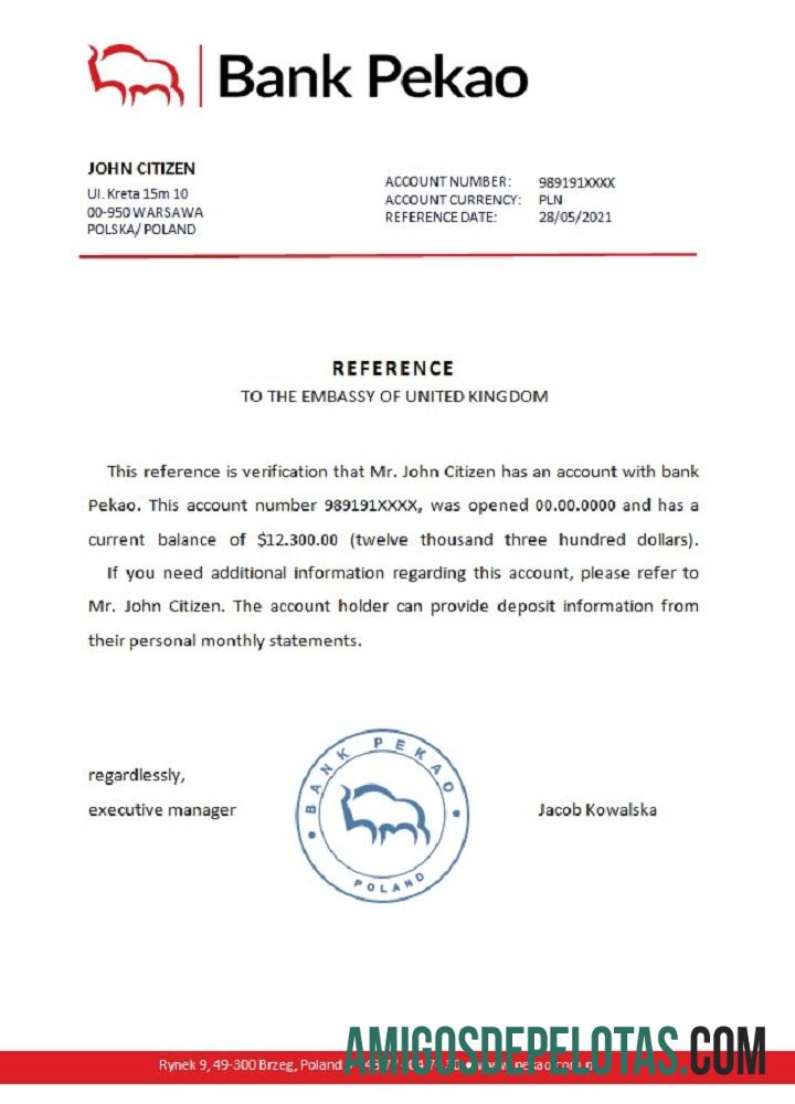 Referência do Banco Pekao da Polônia exemplo